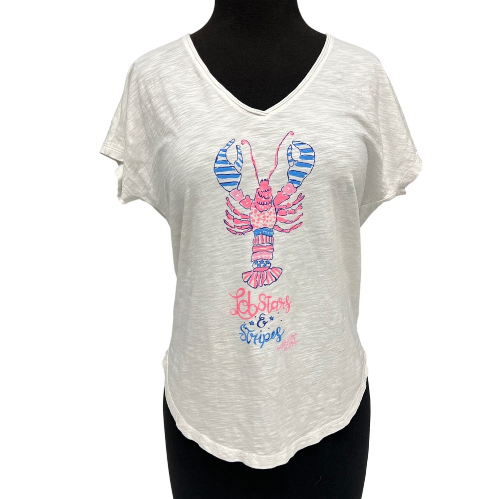Lilly Pulitzer Colie Top‎ Lobster Stars Stripes Tee V Neck White XXS